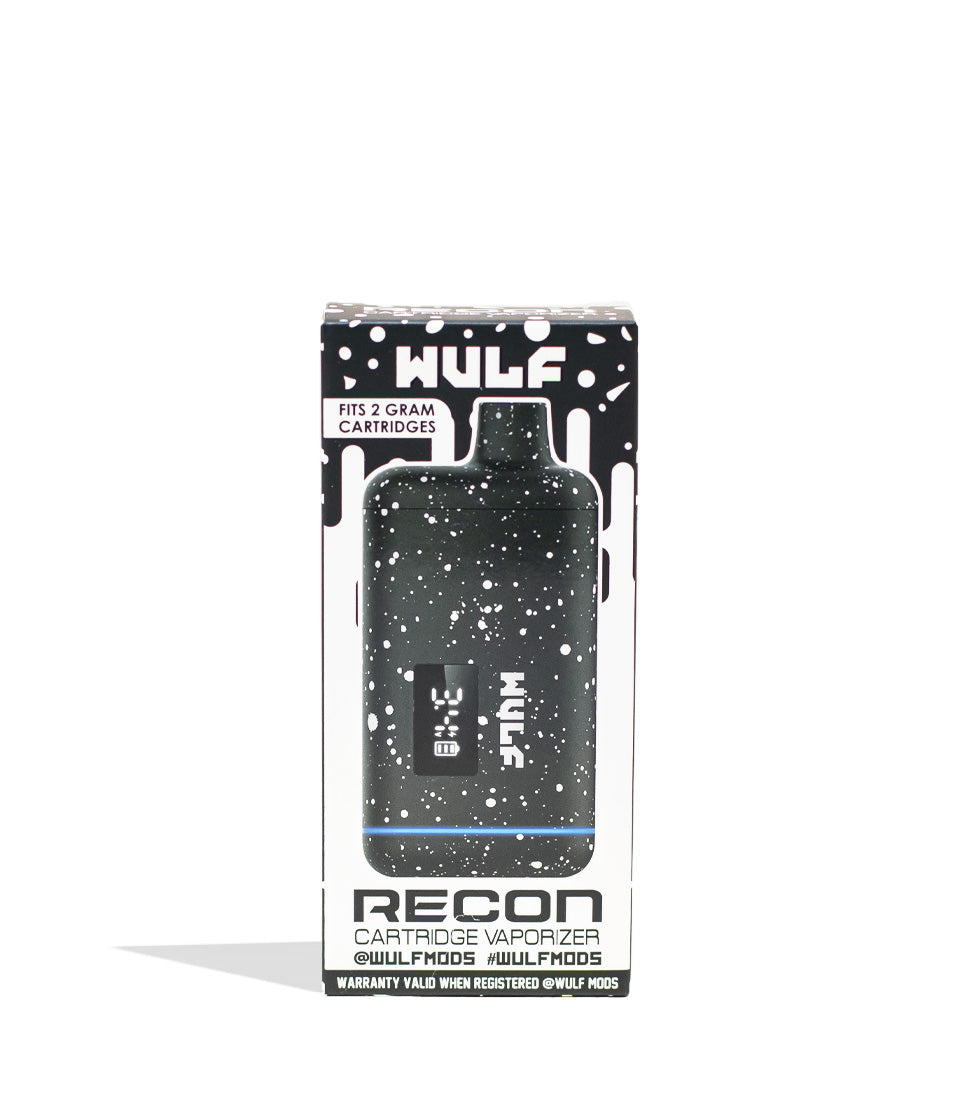 Black White Spatter Wulf Mods Recon 510 Thread Battery Packaging Front View on White Background