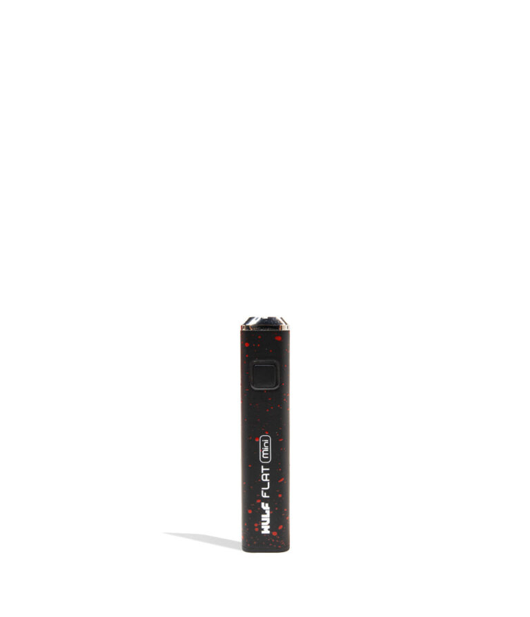 Black Red Spatter Wulf Mods Flat Mini Cartridge Battery Front View on White Background