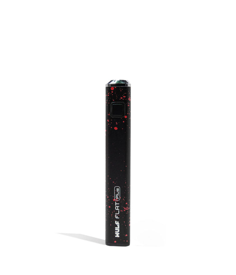 Black Red Spatter Wulf Mods Flat Plus Cartridge Battery Front View on White Background