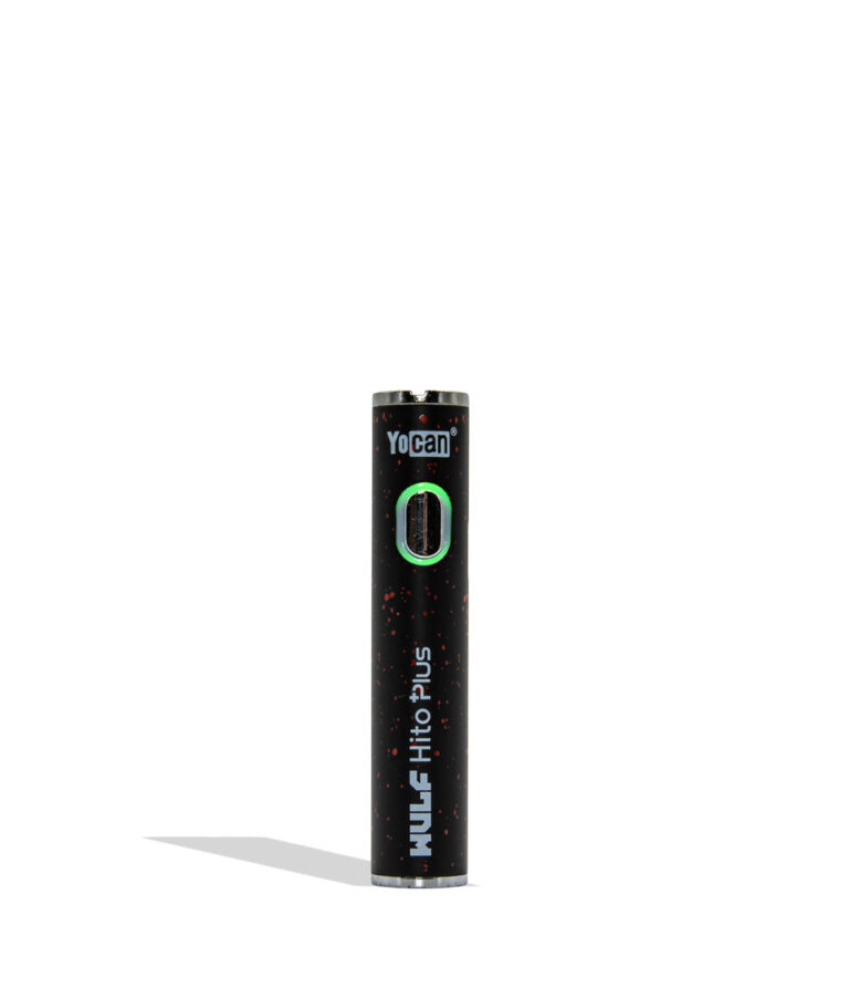 WULF Mods Yocan Hito Plus vaporizer 510 battery standing vertically upright on a white background in the color variant black red spatter