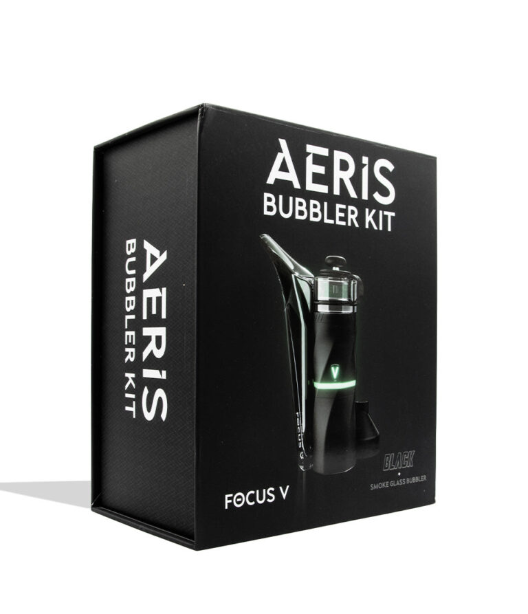 Focus V Aeris Portable Concentrate Vaporizer on white background smoke color box packaging quarter view