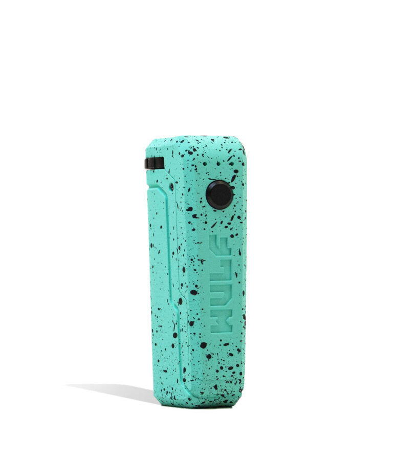 Teal Black Spatter Right side view Wulf Mods UNI Adjustable 510 Thread Battery on white studio background