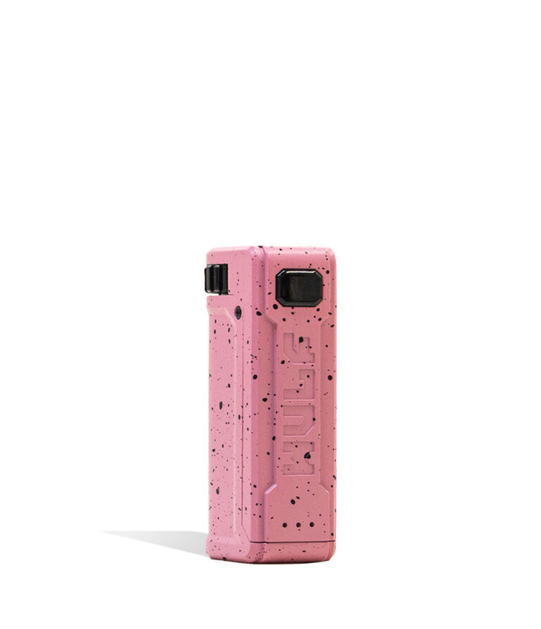 Pink Black Spatter Front View Wulf Mods UNI S Adjustable 510 Thread Battery on white background