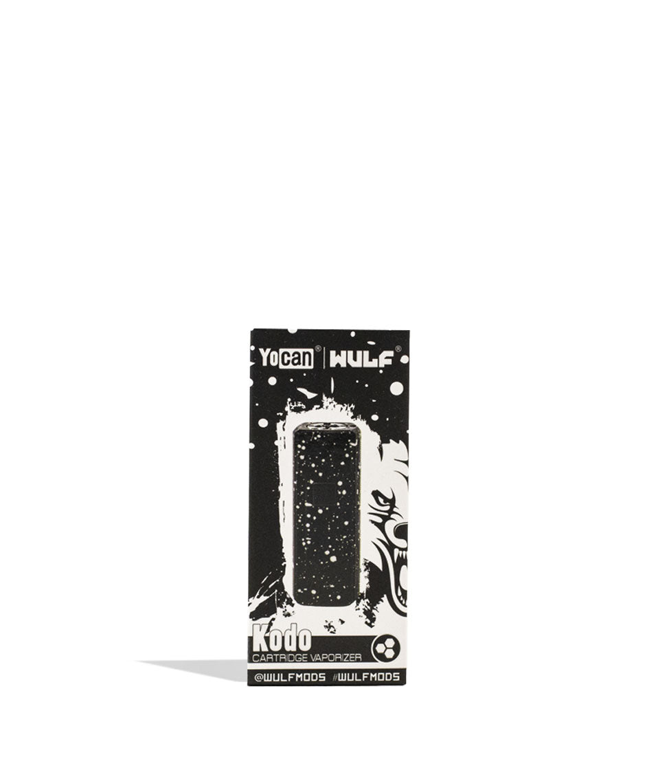 Black White Spatter Wulf Mods KODO 510 Thread Battery Packaging Front View on White Background