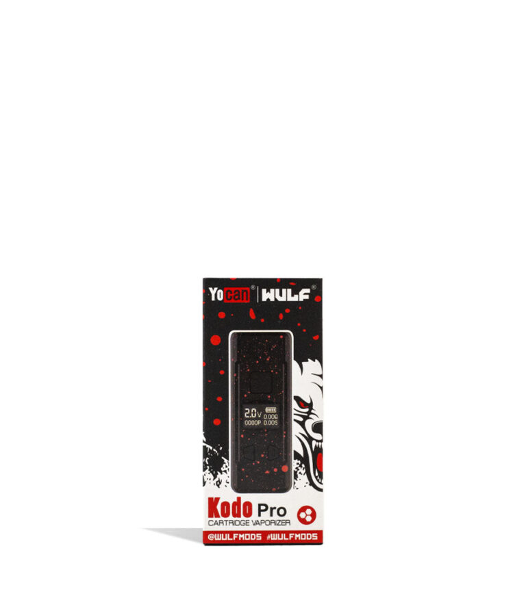 Black Red Spatter Wulf Mods KODO Pro 510 Thread Battery Packaging Front View on White Background