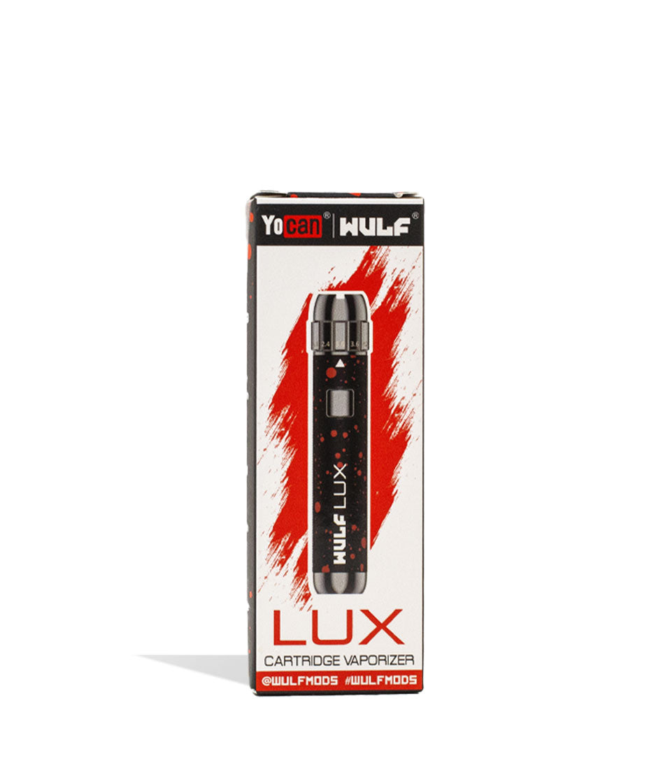 Black Red Spatter Wulf Mods LUX 510 Thread Battery Packaging Front View on White Background