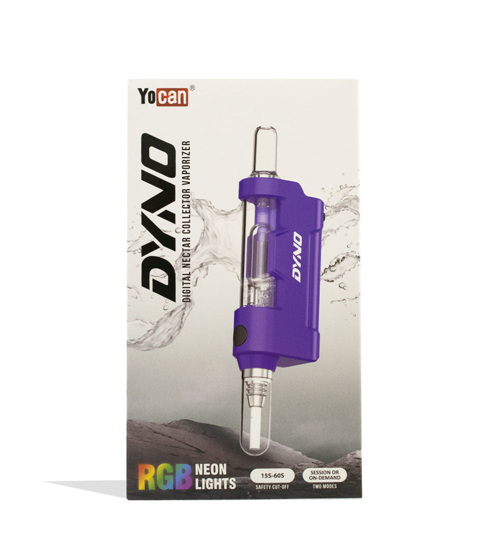 Yocan Dyno digital nectar collector with glass bubbler in purple, in its retail packaging