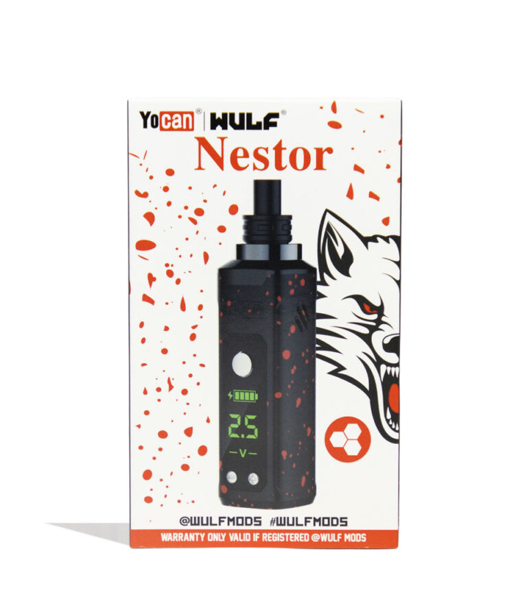Black Red Spatter Wulf Mods Nestor Portable Concentrate Vaporizer Packaging Front View on White Background
