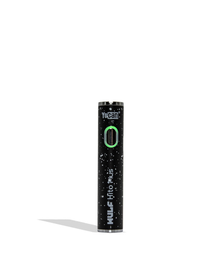 WULF Mods Yocan Hito Plus vaporizer 510 battery standing vertically upright on a white background in the color variant black white spatter