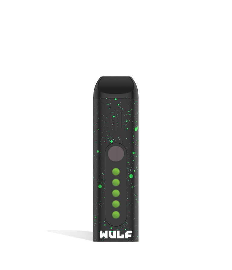 Black Green Spatter Wulf Mods Flora Portable Dry Herb Vaporizer front view on white background