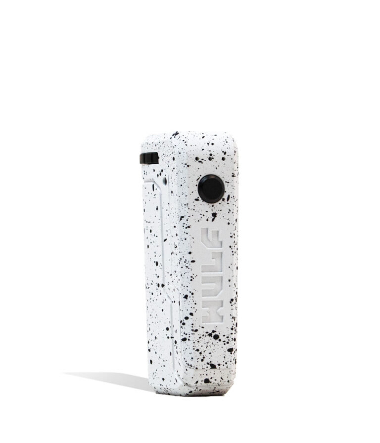 White Black Spatter Right side view Wulf Mods UNI Adjustable 510 Thread Battery on white studio background