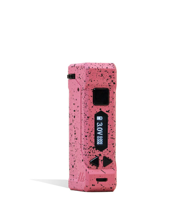 Pink Black Spatter Wulf Mods UNI Pro Adjustable 510 Thread Battery Front View on White Background
