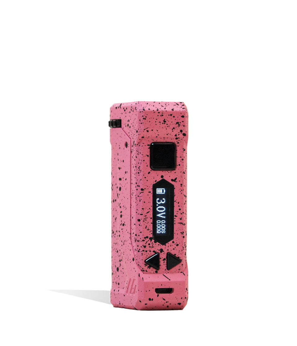 Pink Black Spatter Wulf Mods UNI Pro Adjustable 510 Thread Battery Front View on White Background