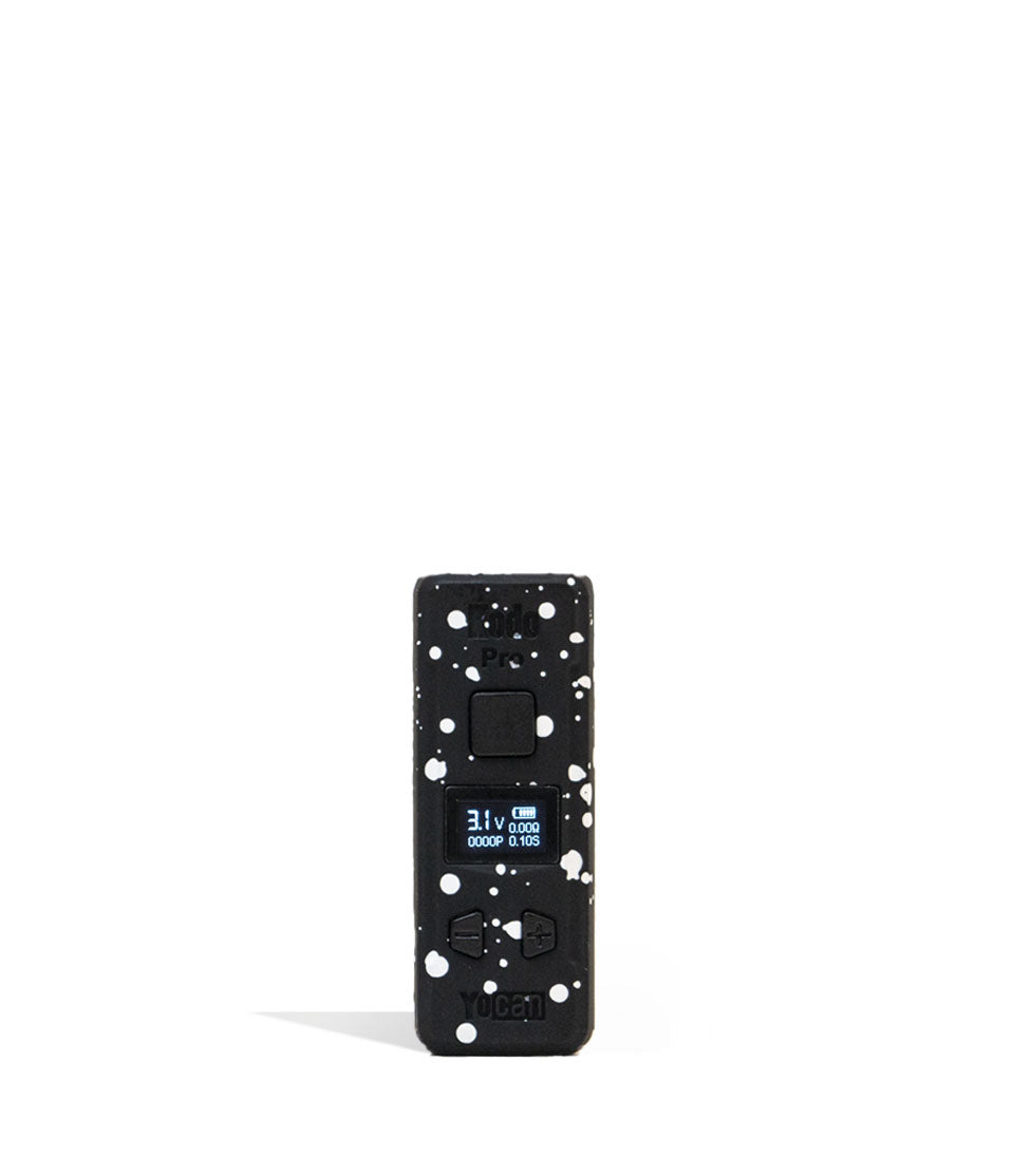 Black White Spatter Wulf Mods KODO Pro 510 Thread Battery Front View on White Background
