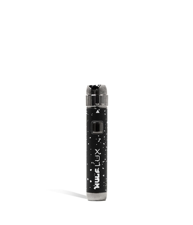 Black White Spatter Wulf Mods LUX 510 Thread Battery Front View on White Background
