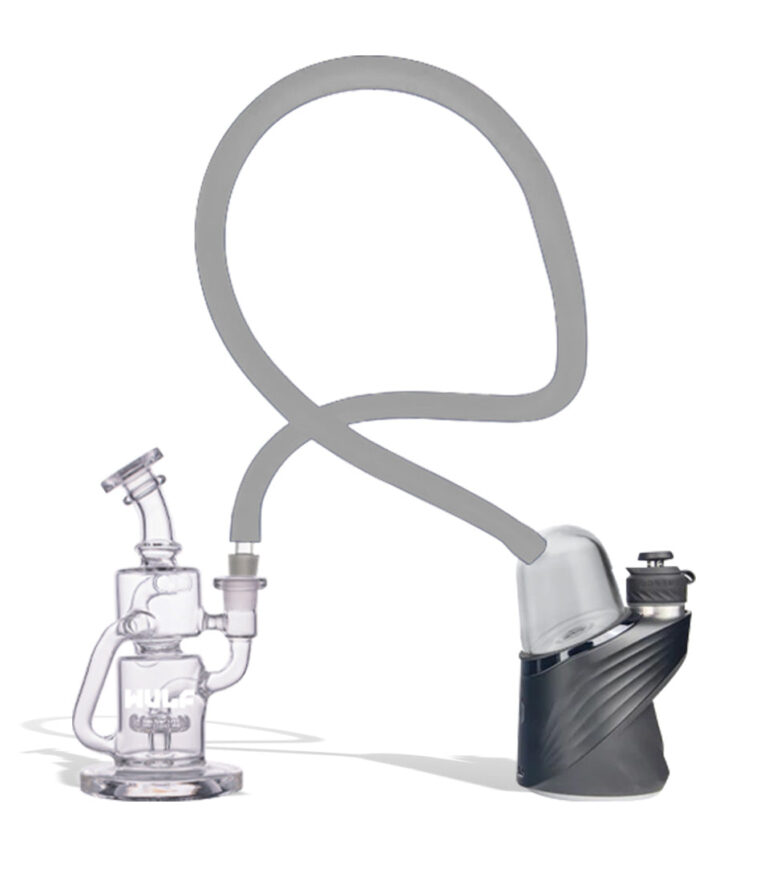 WULF Link in clear connecting a Puffco Peak to a glass recycler