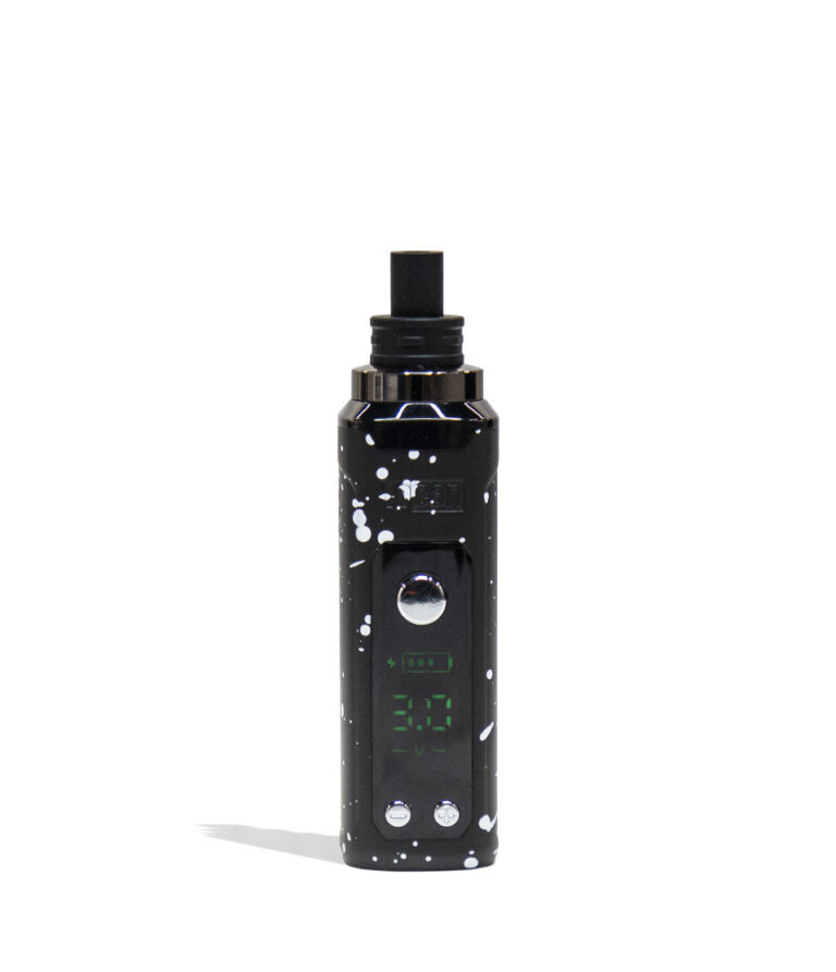 Black White Spatter Wulf Mods Nestor Portable Concentrate Vaporizer Front View on White Background