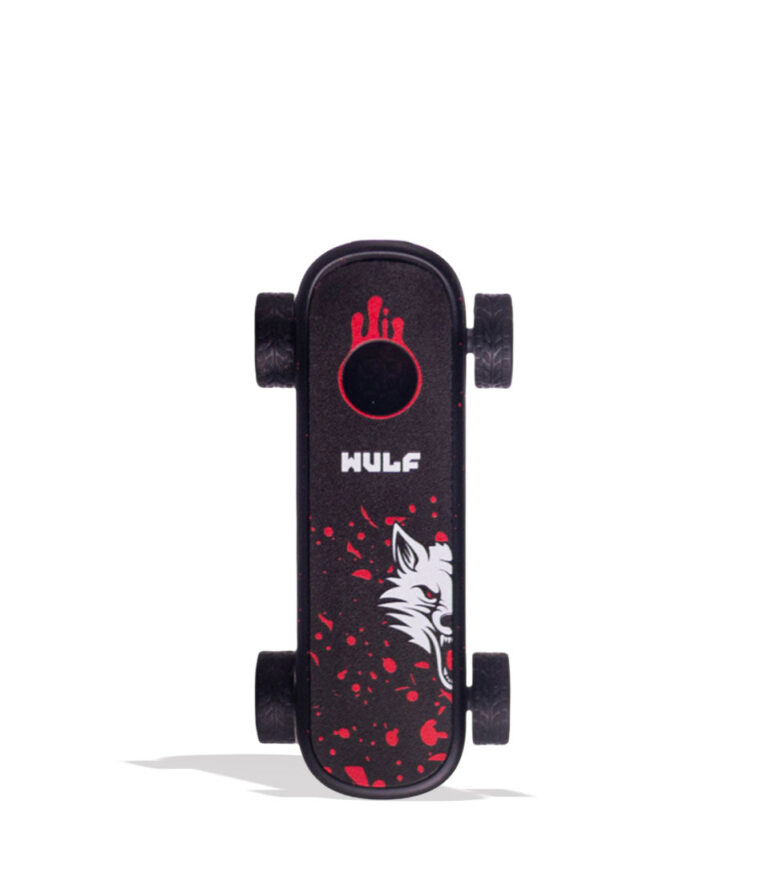 Black Red Spatter Wulf Mods Deck Skateboard Voltage Battery Front View on White Background