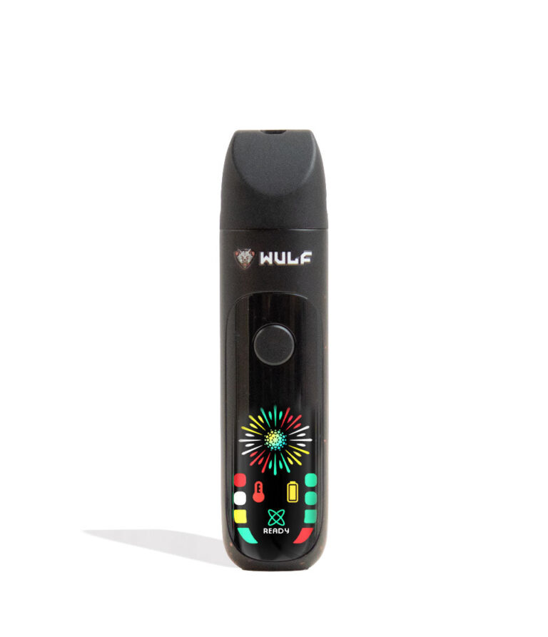 Black-Red Spatter Wulf Mods Budr Portable Concentrate Vaporizer Front View on White Background