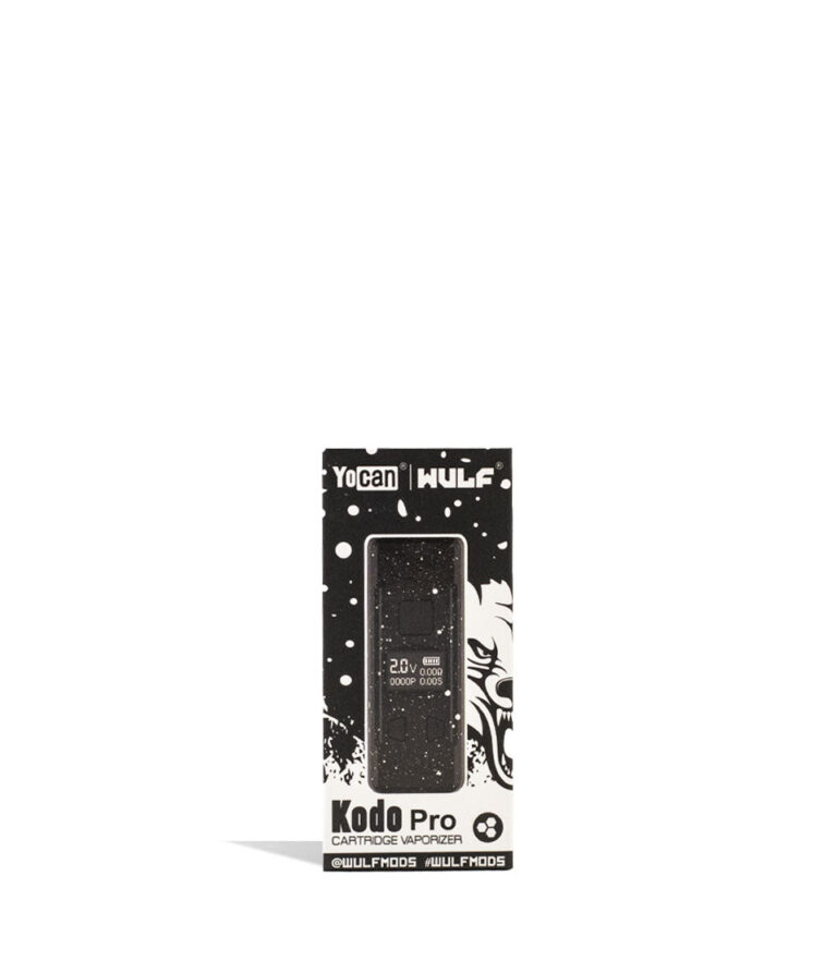 Black White Spatter Wulf Mods KODO Pro 510 Thread Battery Packaging Front View on White Background