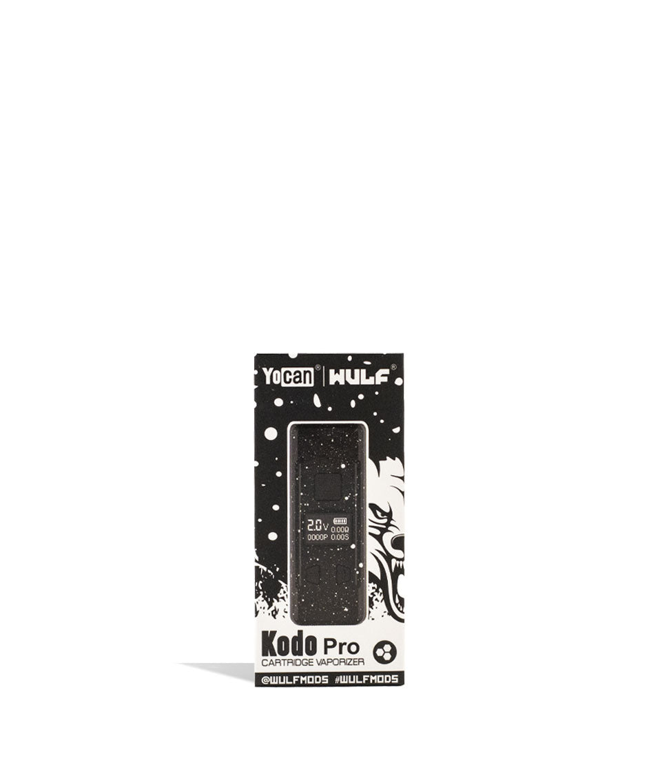 Black White Spatter Wulf Mods KODO Pro 510 Thread Battery Packaging Front View on White Background