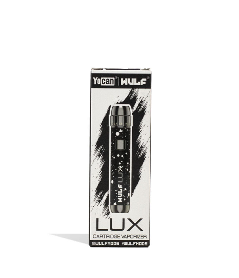 Black White Spatter Wulf Mods LUX 510 Thread Battery Packaging Front View on White Background