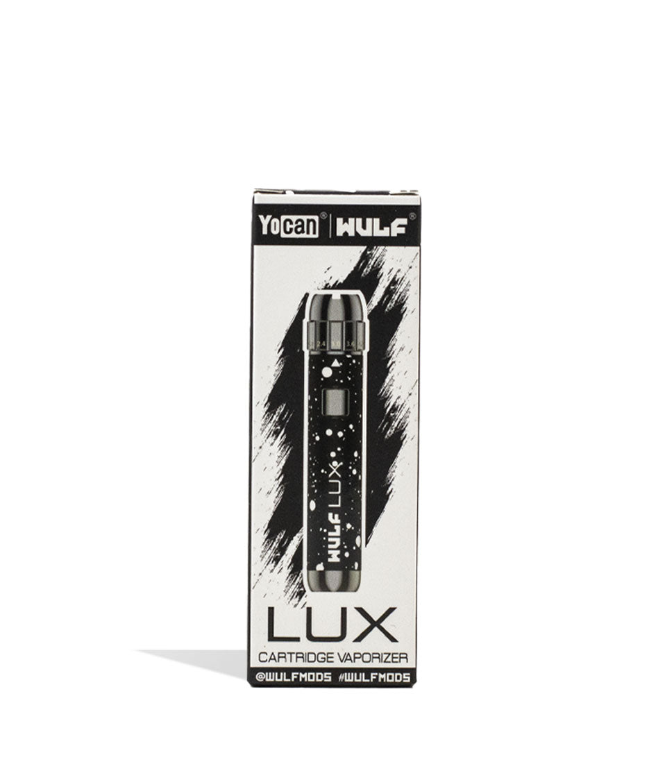 Black White Spatter Wulf Mods LUX 510 Thread Battery Packaging Front View on White Background