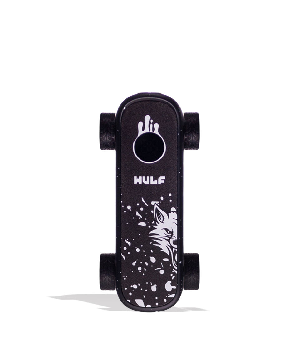 Black White Spatter Wulf Mods Deck Skateboard Voltage Battery Front View on White Background
