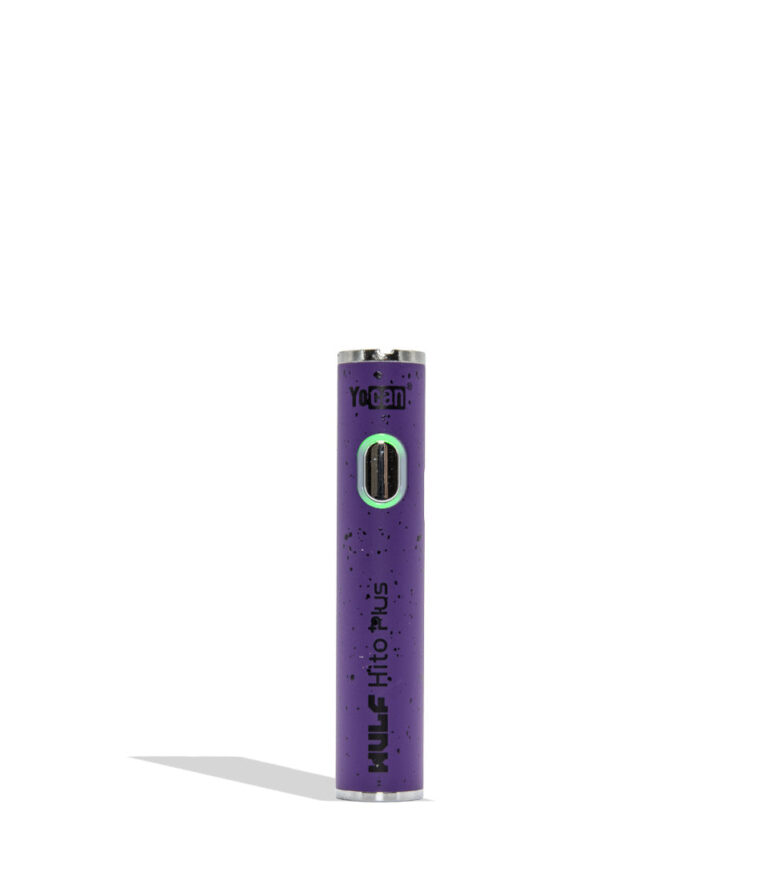 WULF Mods Yocan Hito Plus vaporizer 510 battery standing vertically upright on a white background in the color variant purple black spatter