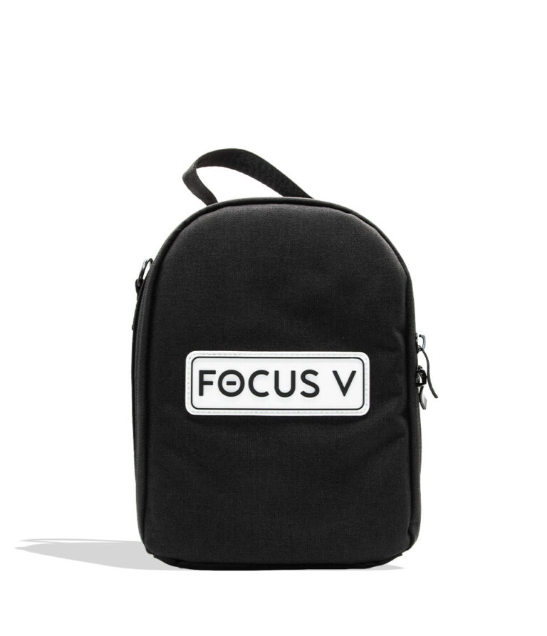 Focus V Aeris Portable Concentrate Vaporizer on white background travel bag white logo