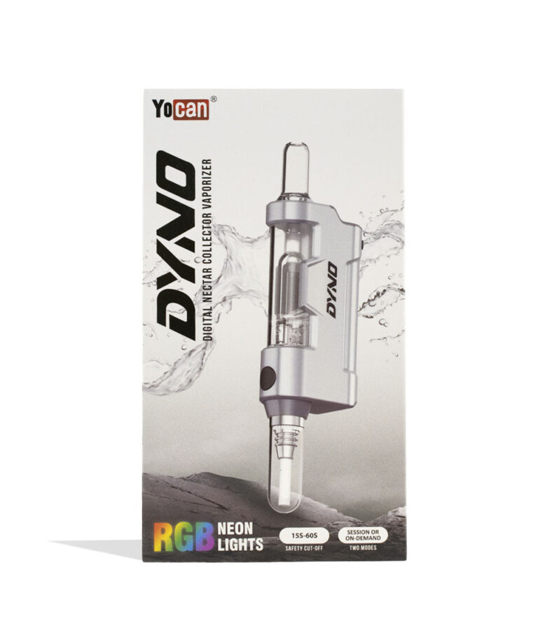 Yocan Dyno digital nectar collector with glass bubbler in silver, in its retail packaging
