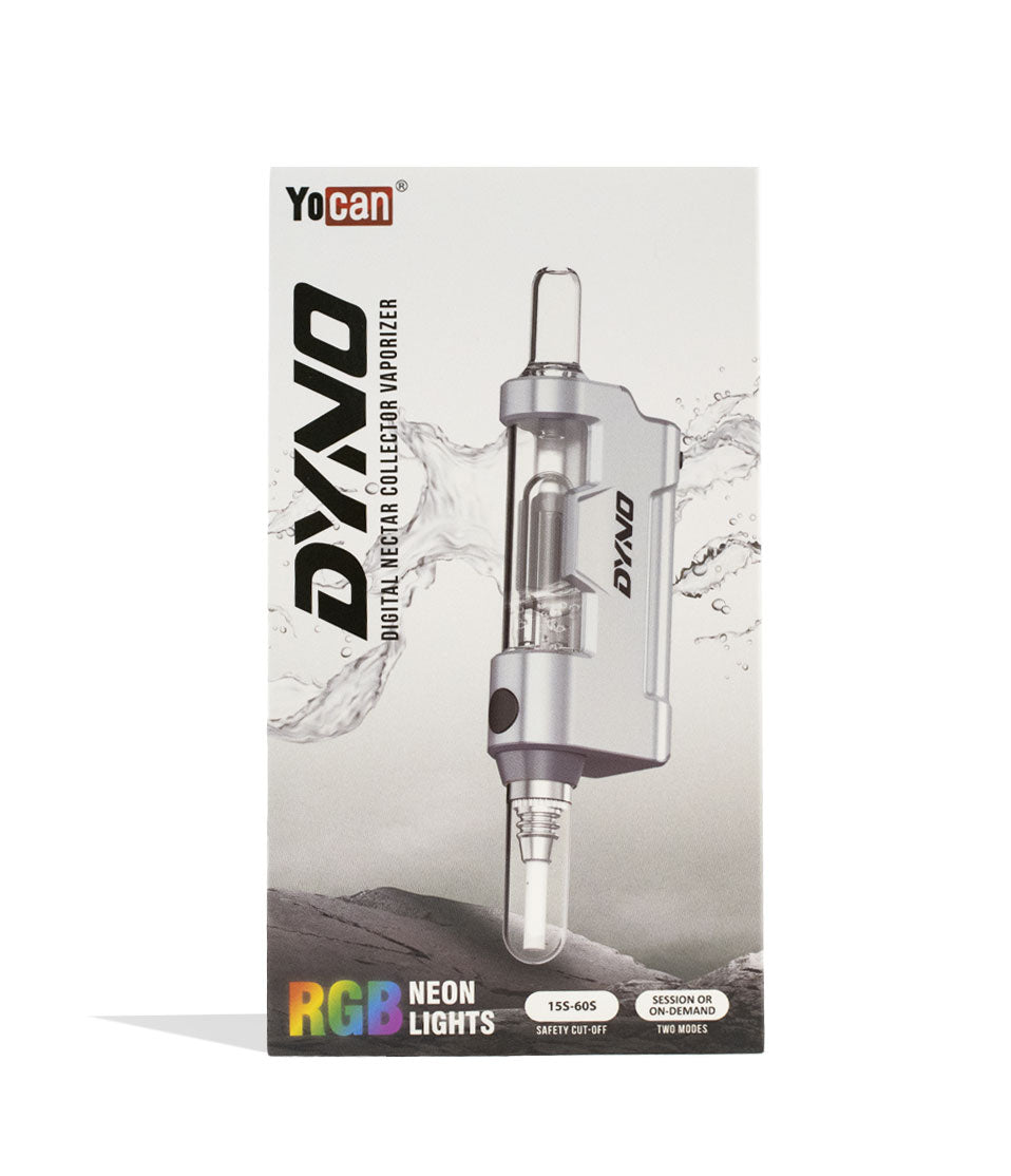 Yocan Dyno digital nectar collector with glass bubbler in silver, in its retail packaging