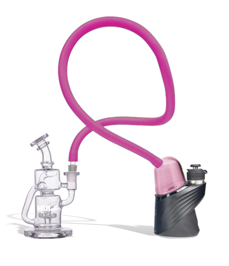 WULF Link in pink connecting a Puffco Peak to a glass recycler