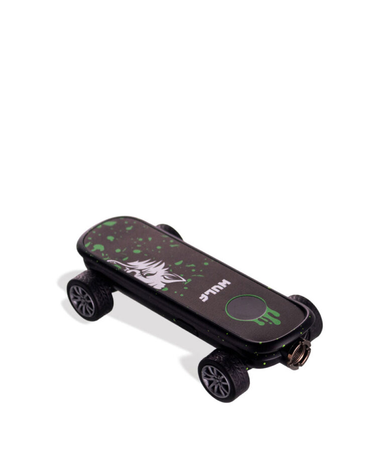 Black Green Spatter Wulf Mods Deck Skateboard Voltage Battery Down View on White Background