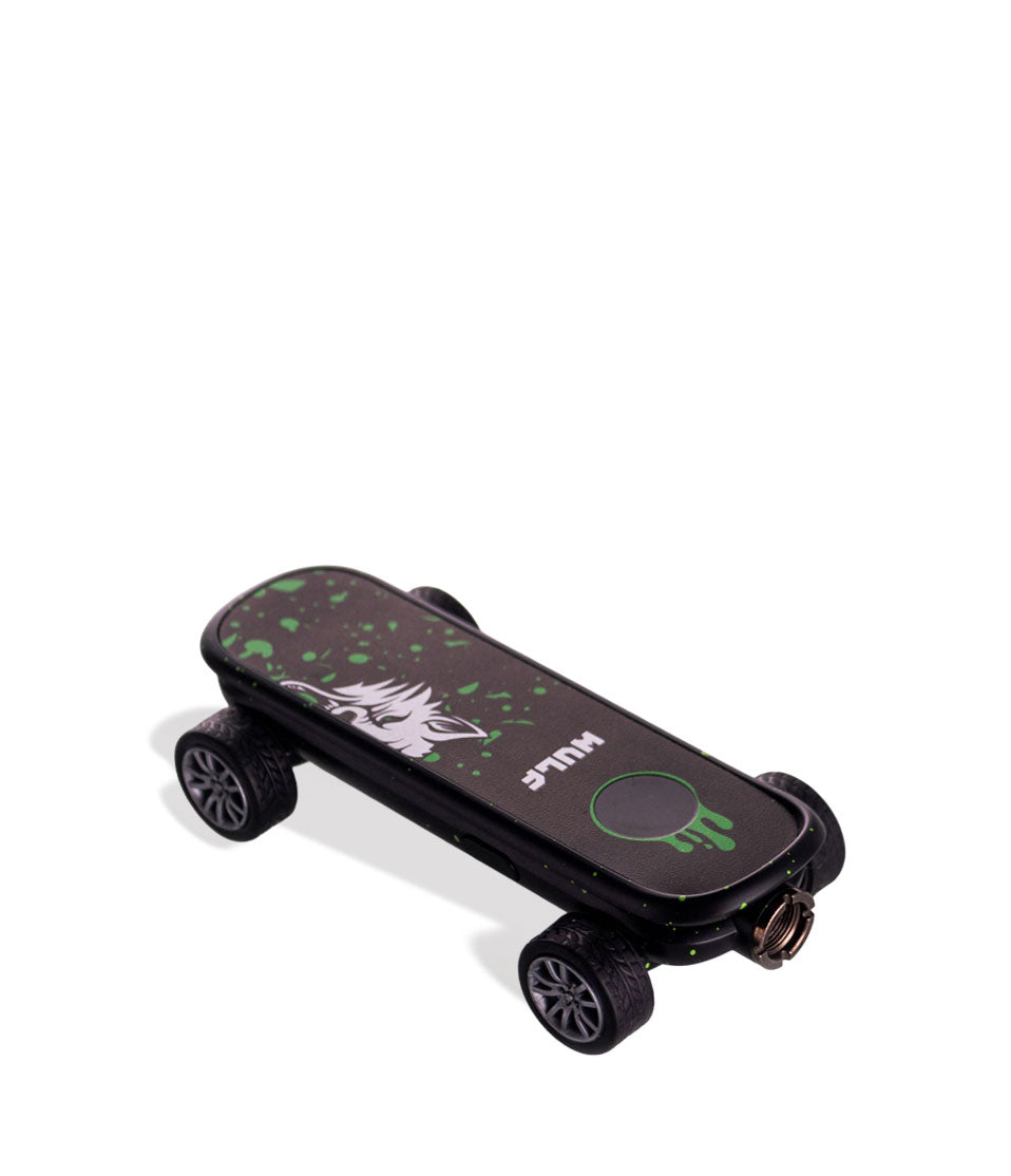 Black Green Spatter Wulf Mods Deck Skateboard Voltage Battery Down View on White Background