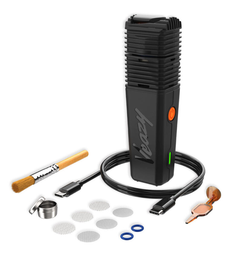 Alluring Black Storz & Bickel Veazy Portable Dry Herb Vaporizer Front View with Accessories on White Background
