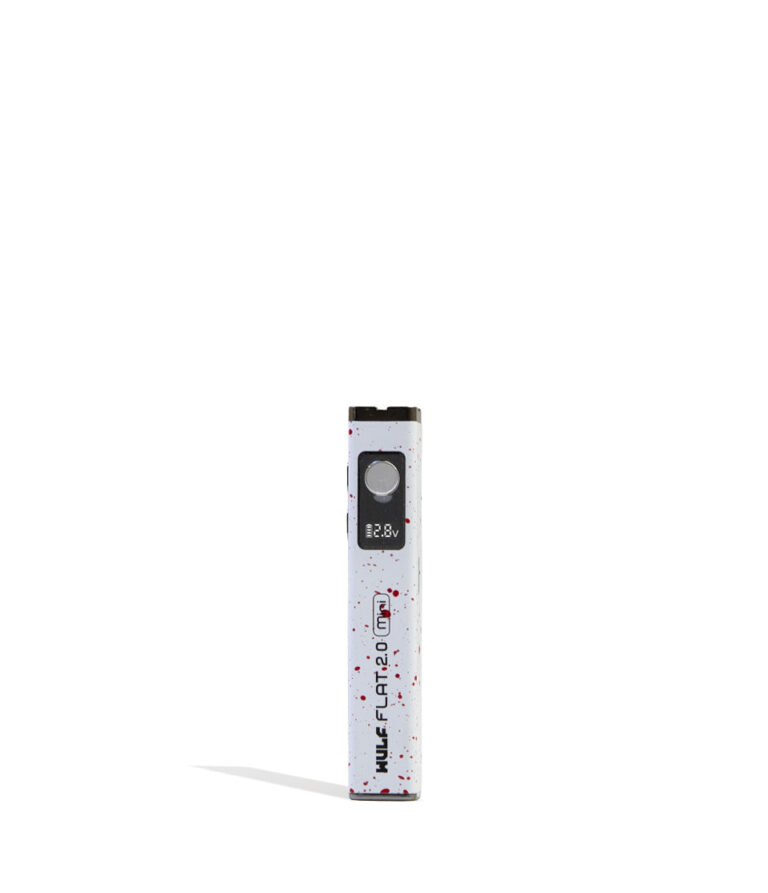 White Red Spatter Wulf Mods Flat Mini 2.0 Variable Voltage Battery Front View on White Background