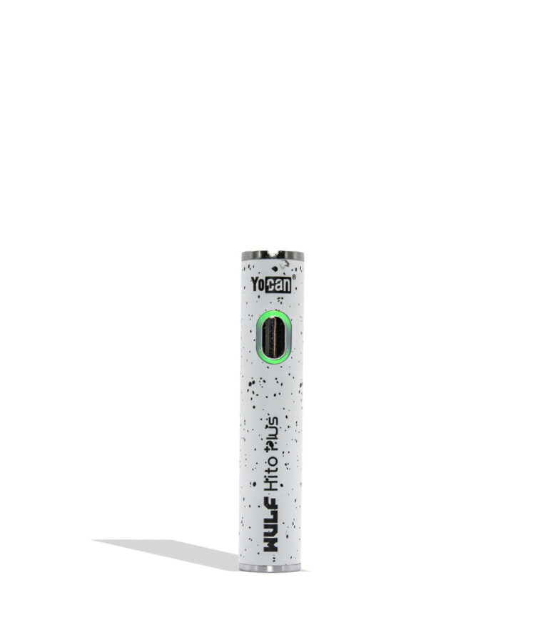 WULF Mods Yocan Hito Plus vaporizer 510 battery standing vertically upright on a white background in the color variant white black spatter
