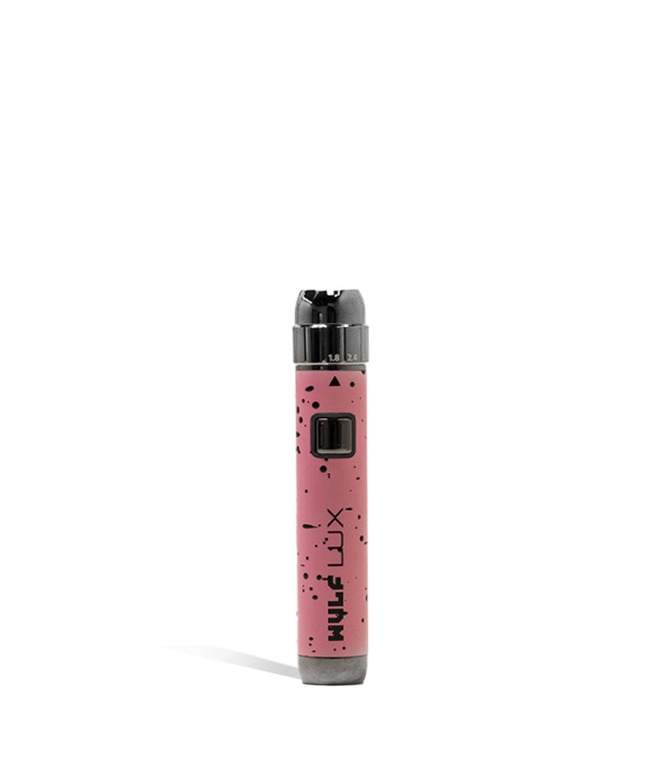 Pink Black Spatter Wulf Mods LUX 510 Thread Battery Front View on White Background