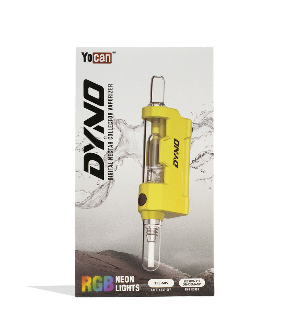 Yocan Dyno digital nectar collector with glass bubbler in yellow, in its retail packaging