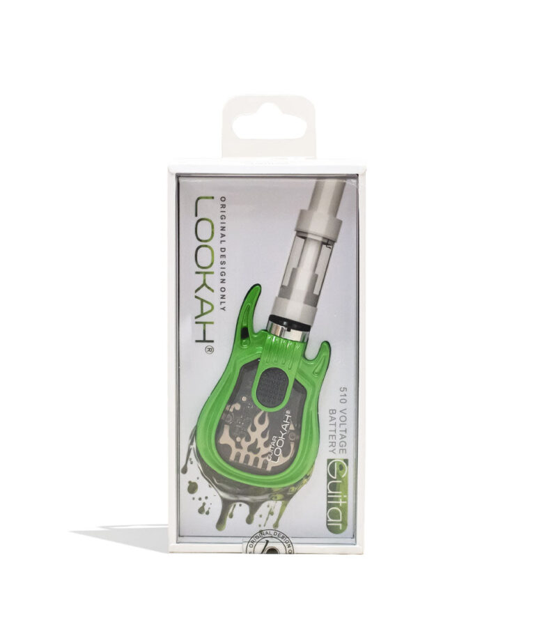 Green Lookah Guitar 510 Voltage Battery Packaging Front View on White Background