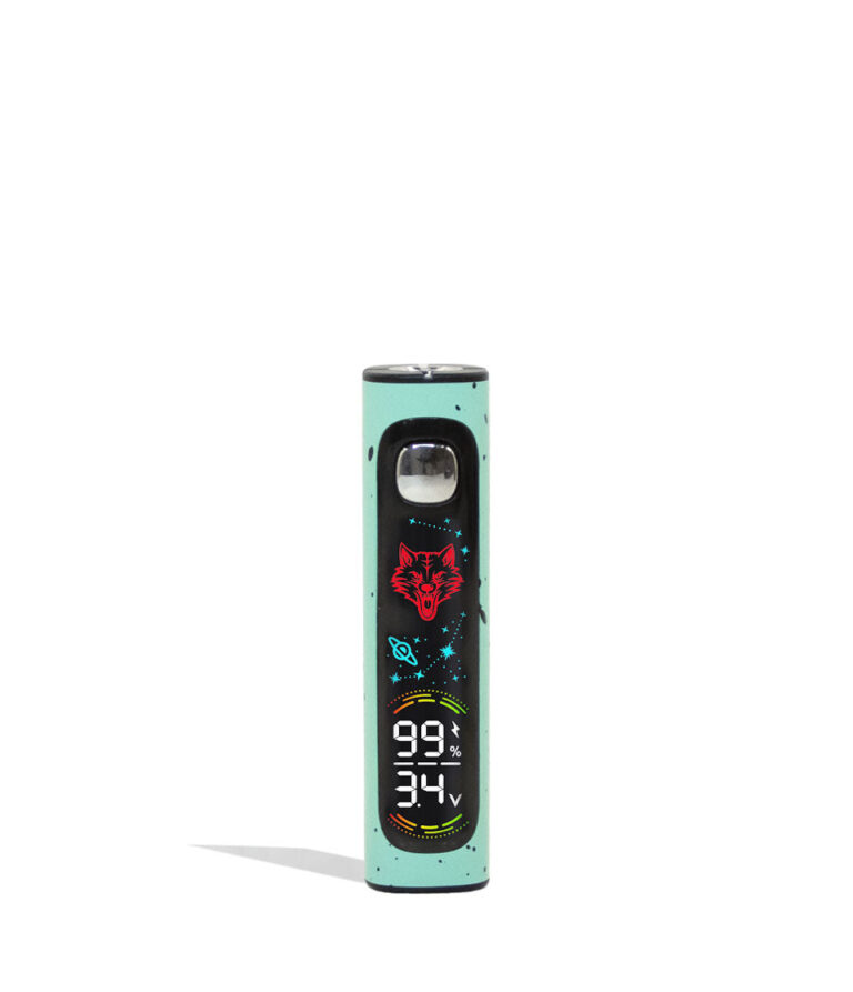 Teal Black Spatter Wulf Mods Pro Digit Variable Voltage Battery Front View on White Background