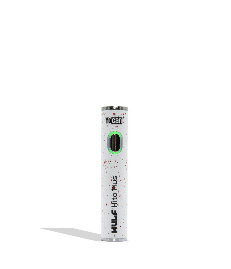 WULF Mods Yocan Hito Plus vaporizer 510 battery standing vertically upright on a white background in the color variant white red spatter