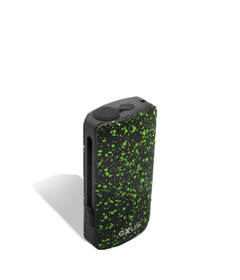 Black Green Spatter above Exxus Vape Push 510 Thread Battery on white background