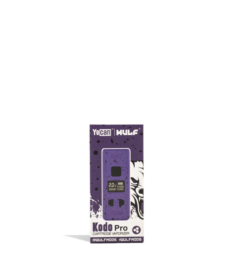 Purple Black Spatter Wulf Mods KODO Pro 510 Thread Battery Packaging Front View on White Background