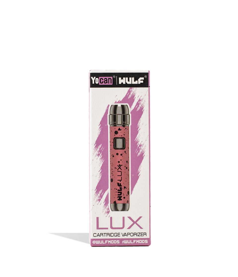 Pink Black Spatter Wulf Mods LUX 510 Thread Battery Packaging Front View on White Background
