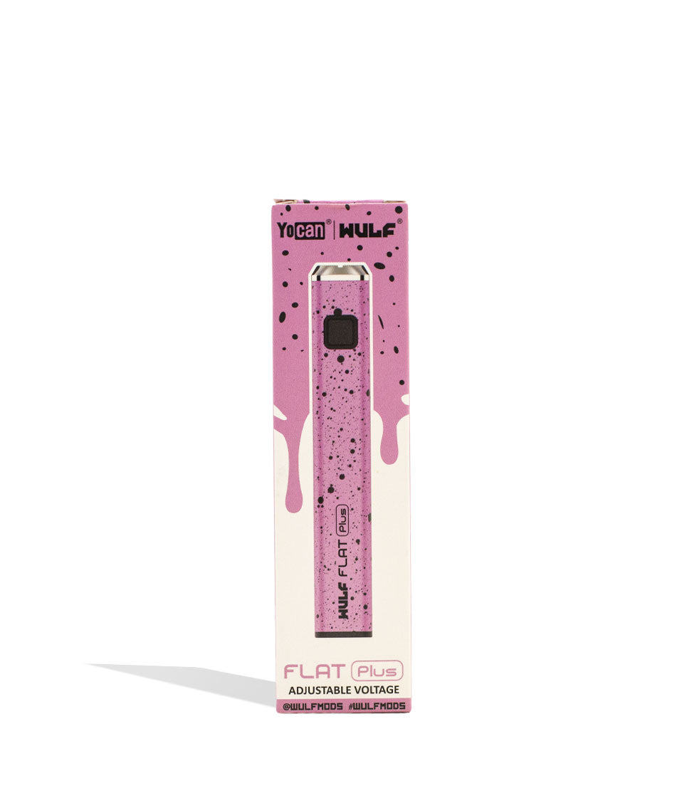 Pink Black Spatter Wulf Mods Flat Plus Cartridge Battery Packaging Front View on White Background