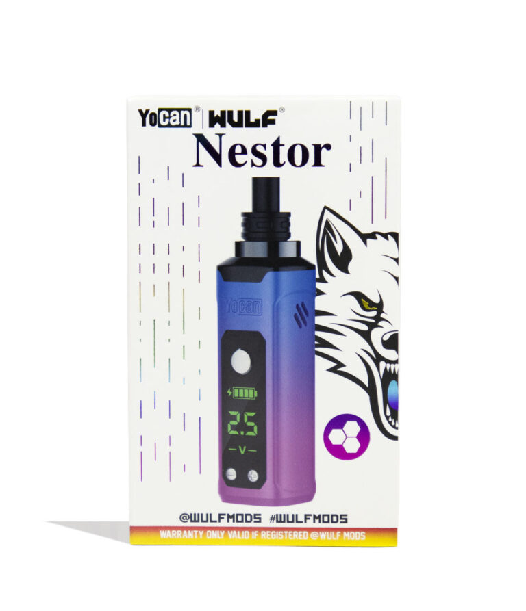 Full Color Wulf Mods Nestor Portable Concentrate Vaporizer Packaging Front View on White Background