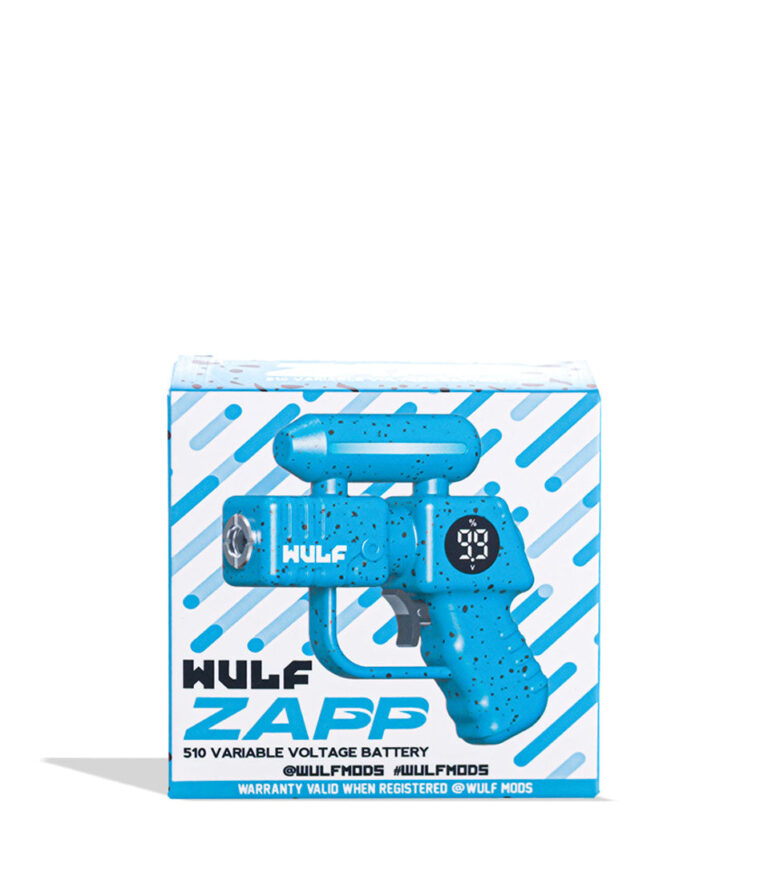 Blue Black Spatter Wulf Mods Zapp Variable Voltage Battery box on white background