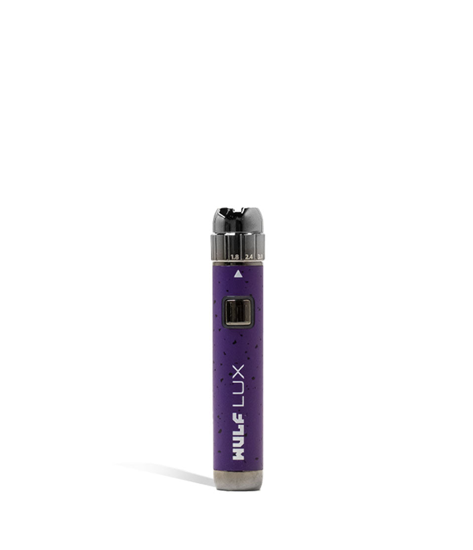 Purple Black Spatter Wulf Mods LUX 510 Thread Battery Front View on White Background